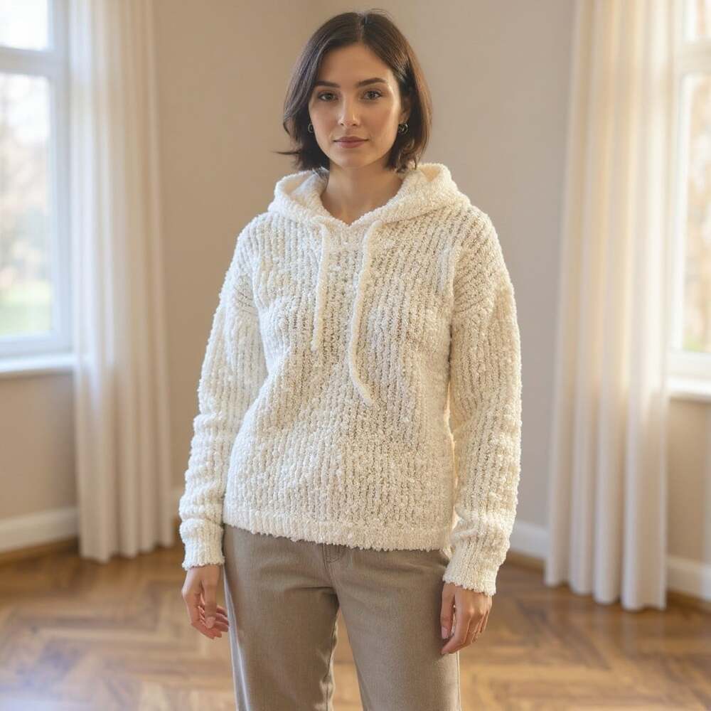 One Grey Day Boucle Hooded Crop Sweater Cream Medium NWT Wool Blend LA